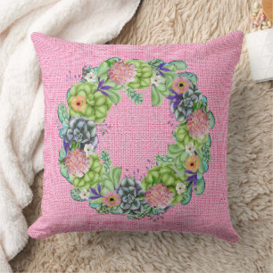 Succulente Waterverf Floral Wreator op roze Kussen
