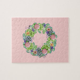 Succulente Waterverf Floral Wreator op roze Legpuzzel