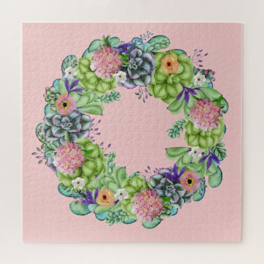 Succulente Waterverf Floral Wreator op roze Legpuzzel (Horizontaal)