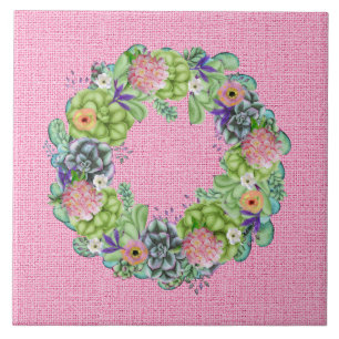 Succulente Waterverf Floral Wreator op roze Tegeltje
