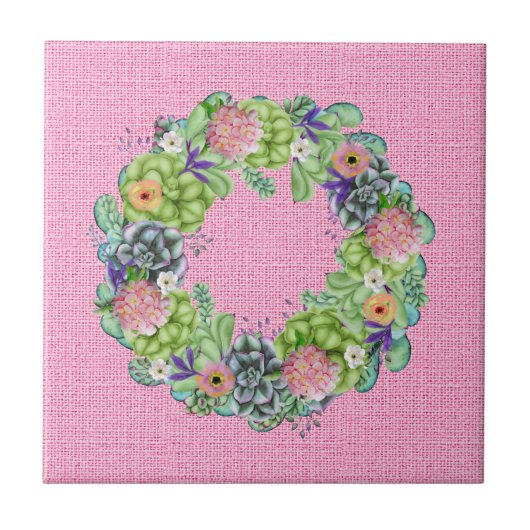 Succulente Waterverf Floral Wreator op roze Tegeltje (Voorkant)