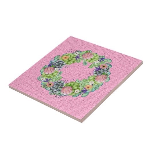 Succulente Waterverf Floral Wreator op roze Tegeltje (Zijkant)
