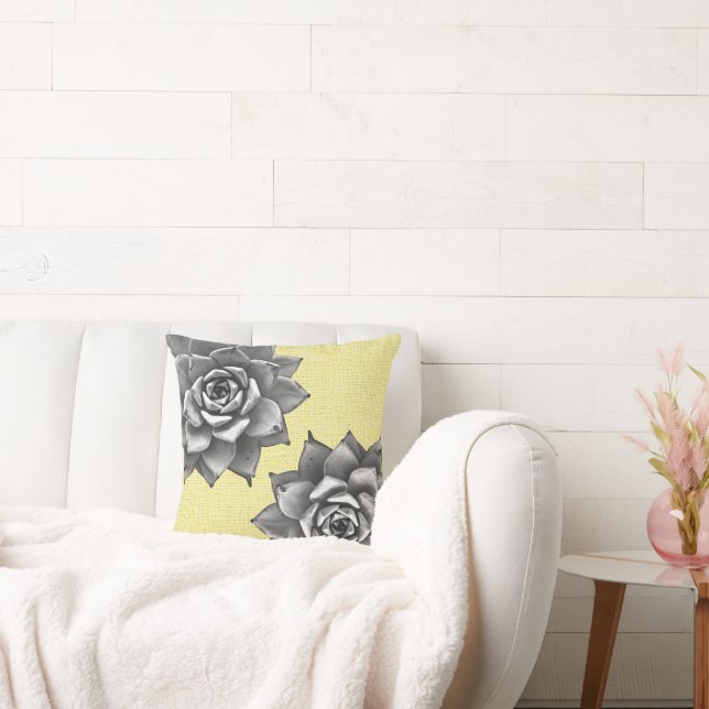 Succulente Waterverf Grijs op Geel Kussen (Bank)