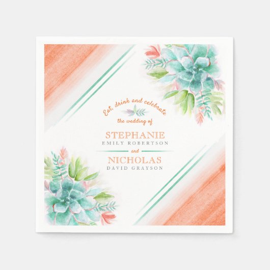 Succulente waterverf groene oranje bruiloft servet (Voorkant)
