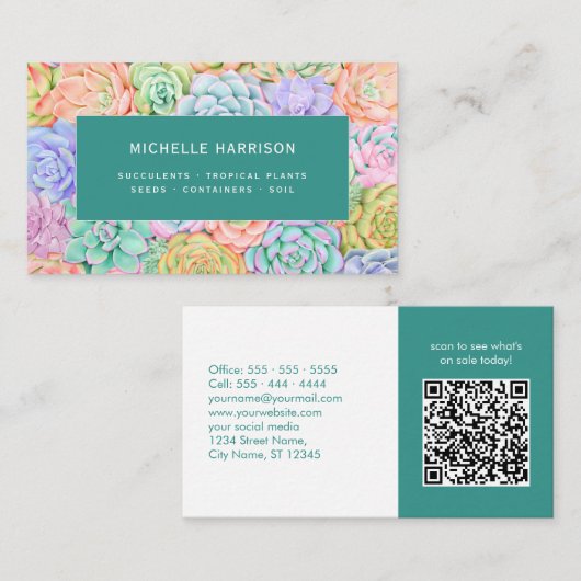 Succulente Waterverf Kleurrijke Planten WinkelQR-c Visitekaartje (Voorkant / Achterkant)