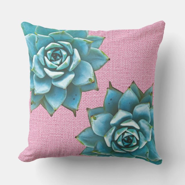 Succulente Waterverf op Bleek roze Buitenkussen (Voorkant)