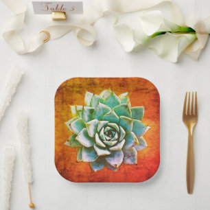 Succulente Waterverf op Oranje roest Papieren Bordje