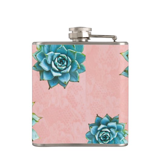 Succulente Waterverf op roze kant Heupfles (Achterkant)