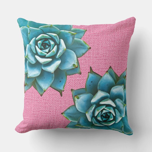 Succulente Waterverf op roze Kussen (Voorkant)