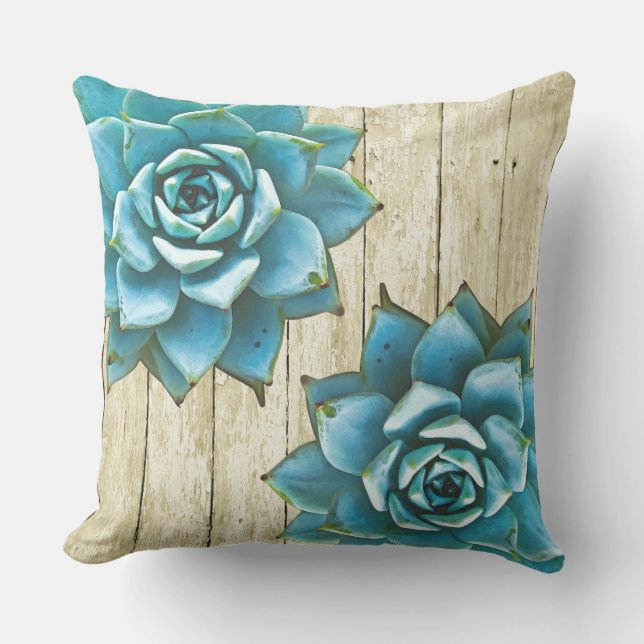 Succulente Waterverf op Shabby Wood Buitenkussen (Voorkant)