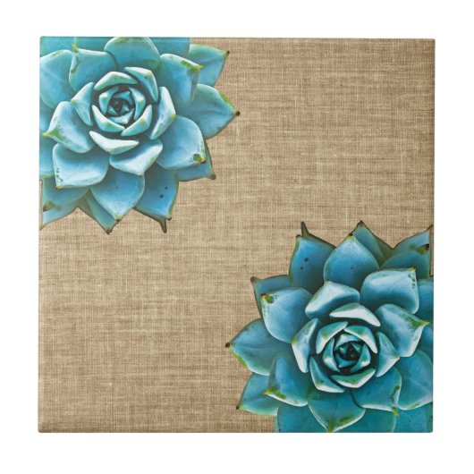 Succulente Waterverf op Tan Burlap Tegeltje (Voorkant)