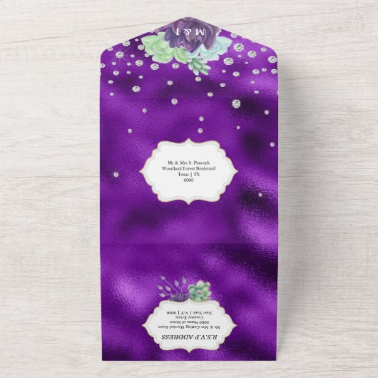 Succulente waterverf pauw kleuren chique bruiloft all in one uitnodiging (Buitenkant)