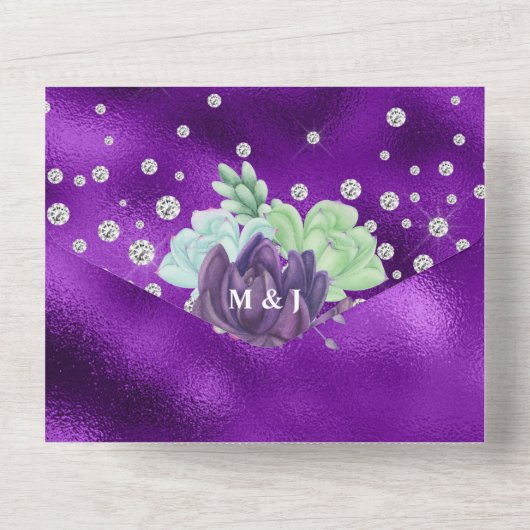 Succulente waterverf pauw kleuren chique bruiloft all in one uitnodiging (Achterkant)