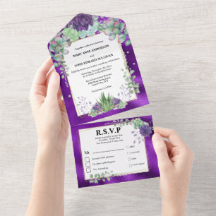 Succulente waterverf pauw kleuren chique bruiloft all in one uitnodiging