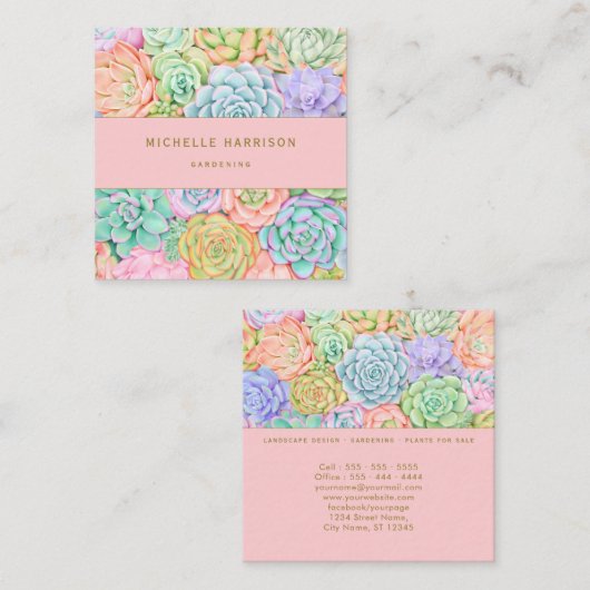 Succulente Waterverf van tuinbouwer Kleurrijk Past Vierkante Visitekaartje (Voorkant / Achterkant)
