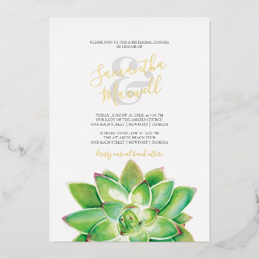 Succulente Waterverf Wedding Folie Folie Uitnodiging (Voorkant)