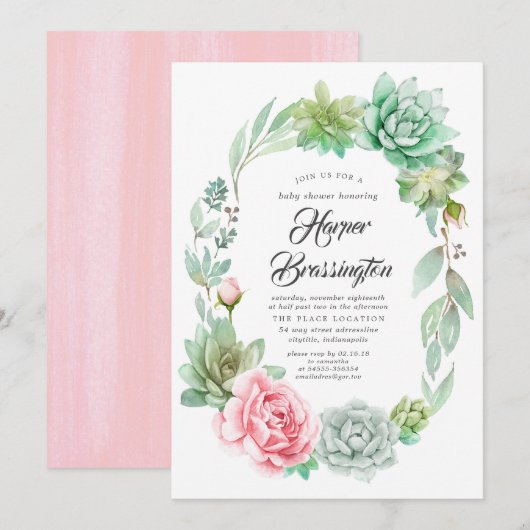 Succulenten Baby shower Meisje Invitation Kaart (Voorkant / Achterkant)