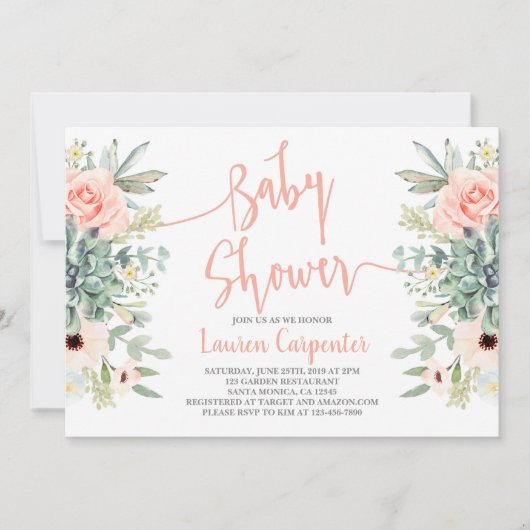 Succulenten baby shower meisje uitnodiging (Voorkant)