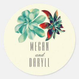 Succulenten Bloemen Boeket Blauwgroen Bruiloft Ronde Sticker