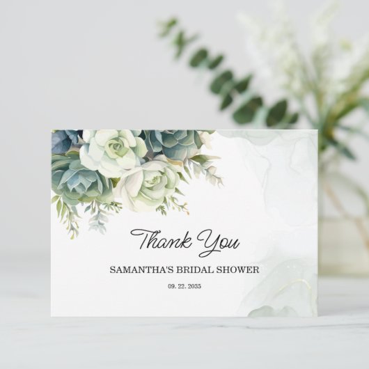 Succulenten, bloemen en groen Bruidsmeisjesfeest Bedankkaart (Staand voorkant)