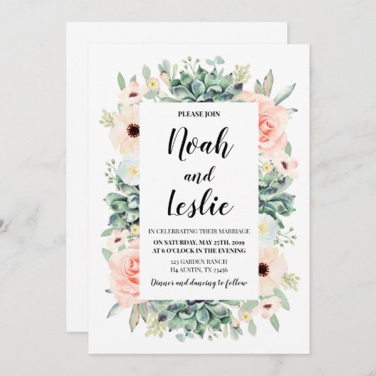 Succulenten bloemenbruiloft uitnodiging (Voorkant / Achterkant)