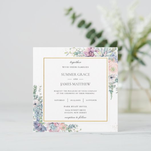 Succulenten Blush Bloemen Groen Bruiloft Vierkant Kaart (Staand voorkant)