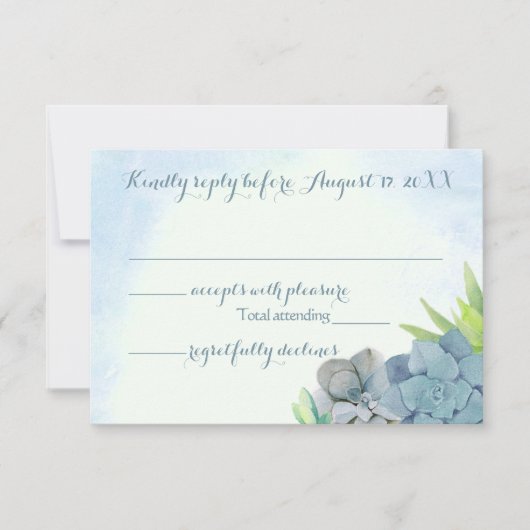 Succulenten Bruiloft Blauwe Waterverf RSVP (Voorkant)
