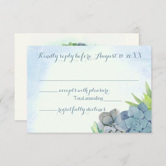 Succulenten Bruiloft Blauwe Waterverf RSVP (Voorkant / Achterkant)