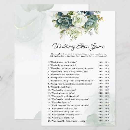 Succulenten Bruiloft of Koppels Douche Schoen Spel (Voorkant / Achterkant)