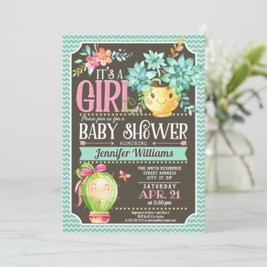 Succulenten, Cactus Meisje Tuin Baby shower Kaart (Staand voorkant)