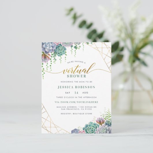 Succulenten & Chic Gold Script Virtual Baby shower Uitnodiging Briefkaart (Staand voorkant)