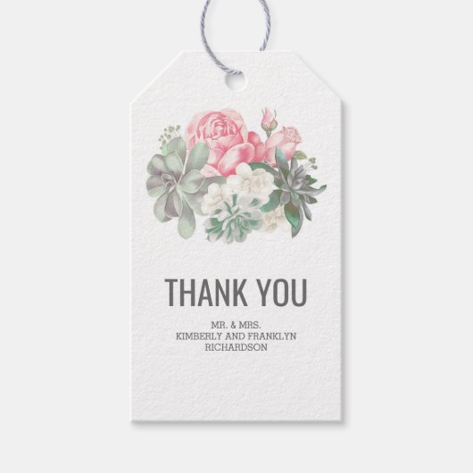 Succulenten Elegant Bloemen Roze Bruiloft Cadeaulabel (Voorkant)