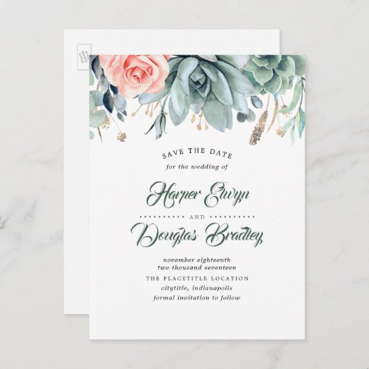 Succulenten en Pink Rose Botanical Save the Date Aankondigingskaart (Voorkant / Achterkant)