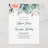Succulenten en Pink Rose Botanical Save the Date Aankondigingskaart (Voorkant)