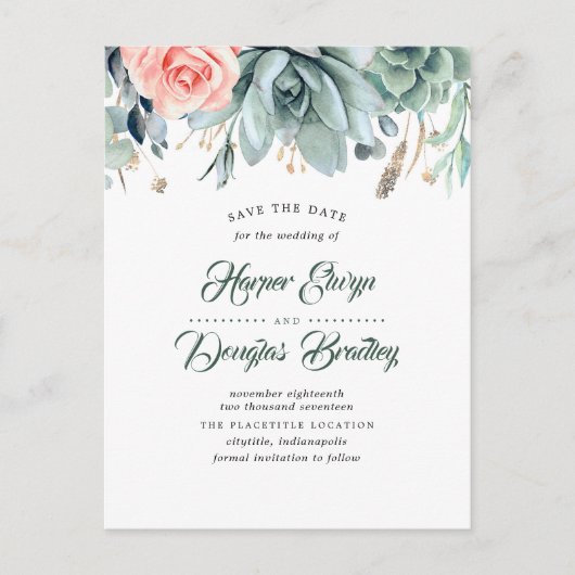 Succulenten en Pink Rose Botanical Save the Date Aankondigingskaart (Voorkant)