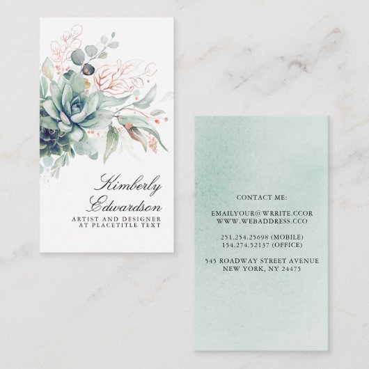 Succulenten en Roos Gold Greenery Elegant Boho Visitekaartje (Voorkant / Achterkant)