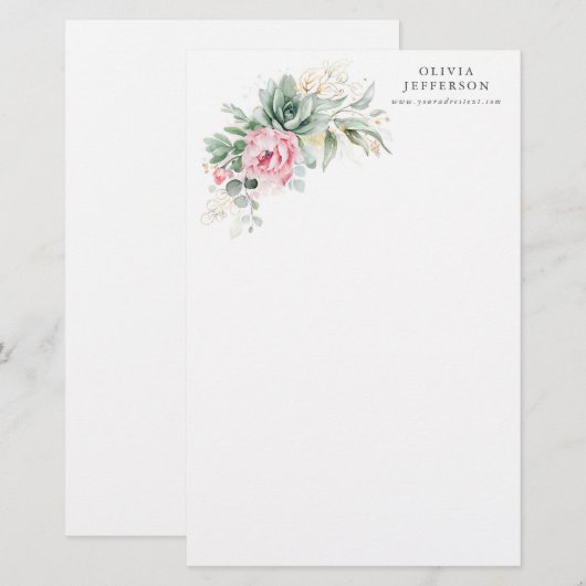Succulenten en roze bloemen Elegant botanisch Briefpapier (Voorkant / Achterkant)