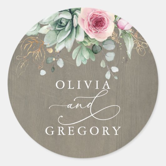 Succulenten en roze bloemen Rustic Wedding Ronde Sticker (Voorkant)