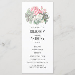 Succulenten en Roze Rozen Elegante Trouwprogramma' Programmakaart