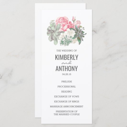 Succulenten en Roze Rozen Elegante Trouwprogramma' Programmakaart (Voorkant / Achterkant)