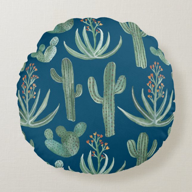 Succulenten en saguaro cacti-planten op blauw rond kussen (Voorkant)