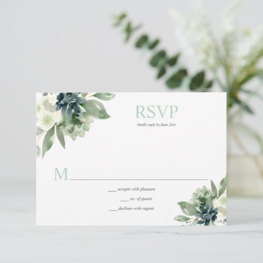 Succulenten en Witte Bloemen - Bord Groen RSVP Kaartje (Staand voorkant)