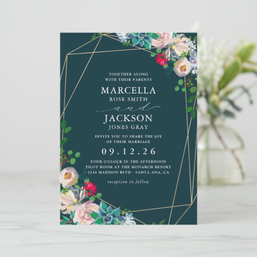 Succulenten & Goud Chique Bruiloft Kaart (Staand voorkant)