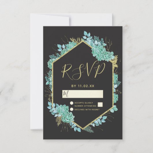Succulenten Goud Lijst Elke kleur Bruiloft RSVP (Voorkant)