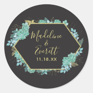 Succulenten Goud Lijst Elke kleur Monogram Bruilof Ronde Sticker