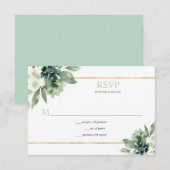 Succulenten, goud, witte bloemen - Bord groen RSVP Kaartje (Voorkant / Achterkant)