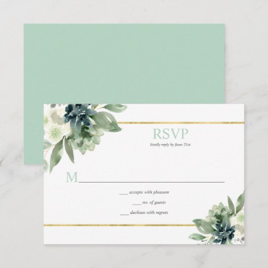 Succulenten, goud, witte bloemen - Bord groen RSVP Kaartje (Voorkant / Achterkant)