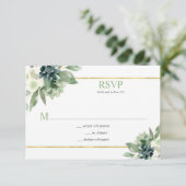 Succulenten, goud, witte bloemen - Spring Green RSVP Kaartje (Staand voorkant)