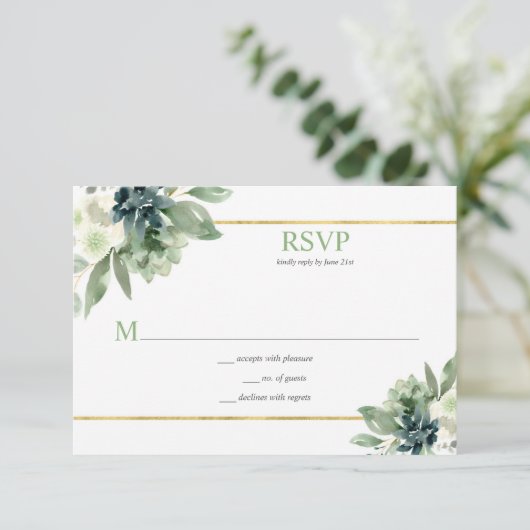 Succulenten, goud, witte bloemen - Spring Green RSVP Kaartje (Staand voorkant)