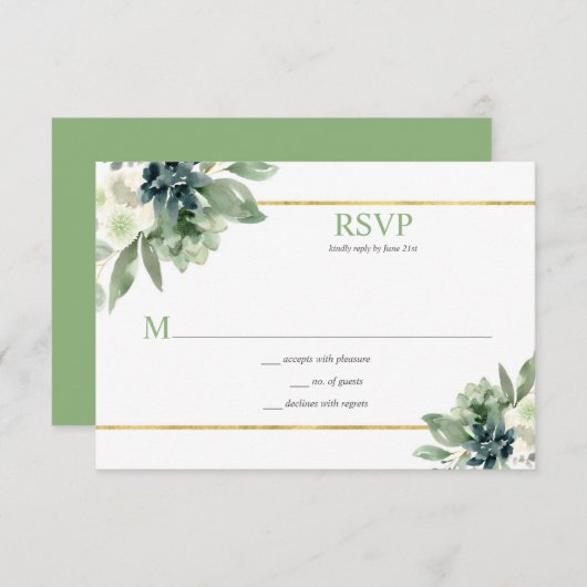 Succulenten, goud, witte bloemen - Spring Green RSVP Kaartje (Voorkant / Achterkant)
